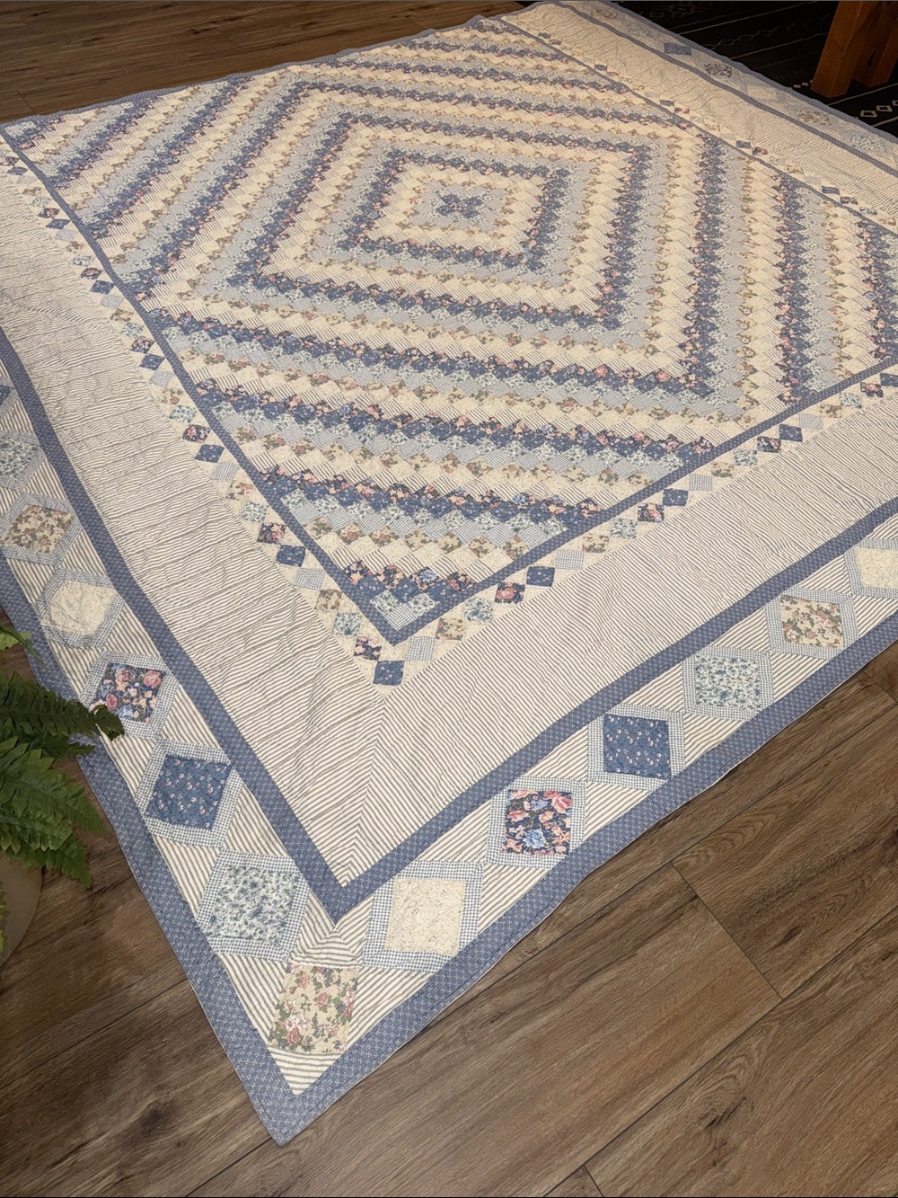 Beautiful Floral Country Pinks and Blues Patchwork Quilt- 130x116 HUGE!!